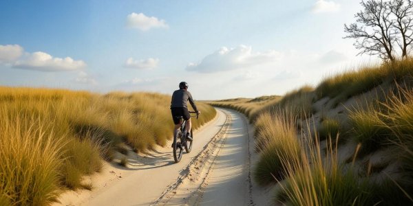 Cyclist riding through the Dutch dunes
